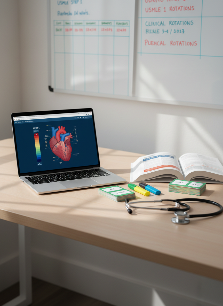 A meticulously organized medical study workspace, featuring an open USMLE-style question book beside a sleek silver laptop displaying a detailed anatomical diagram on a dark blue interface. Color-coded flashcards, highlighters, and a stethoscope rest neatly on a pale wood desk with a smooth matte finish. In the background, a softly blurred wall-mounted whiteboard shows a structured study schedule and exam dates. Gentle daylight filters through an unseen window from the left, casting soft, natural shadows and subtle reflections on the laptop screen. Photographed at eye level with a shallow depth of field, the scene feels calm, focused, and professional, embodying photographic realism with a clean, modern aesthetic suitable for a medical education consulting platform.