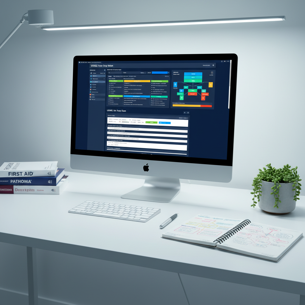 A polished virtual consultation setup, centered on a slim, modern computer monitor displaying a detailed, color-coded USMLE study plan and progress dashboard against a deep navy interface. Surrounding the monitor on a minimalist white desk are neatly stacked review books, a spiral notebook with structured study notes, and a pen aligned parallel to the keyboard. A small potted plant adds a subtle touch of green. Soft, cool-toned studio lighting illuminates the workspace evenly, creating gentle gradients and minimal shadows. Captured from a slightly elevated angle with sharp focus throughout, the composition feels orderly, efficient, and reassuringly professional, using photographic realism and a clean, contemporary style to emphasize organized guidance and structured support.