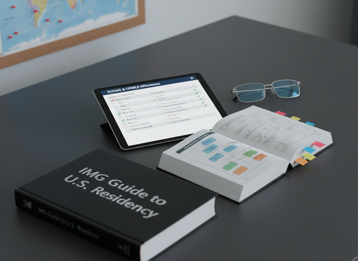 An elegant set of medical reference materials dedicated to international medical graduates, displayed on a smooth matte charcoal tabletop. A thick handbook titled "IMG Guide to U.S. Residency" lies open to a page showing a detailed flowchart of the match process, beside a tablet screen featuring a neatly formatted checklist for ECFMG certification and USMLE milestones. Color-coded sticky tabs mark key sections along the book’s edge. In the softly blurred background, a world map pinboard suggests global pathways to U.S. training. Cool, diffused overhead lighting creates a calm, studious atmosphere with gentle reflections on the tablet’s glass. Shot from a three-quarter overhead perspective, the photographic realism and professional, modern aesthetic communicate clarity, structure, and empowerment for IMGs.