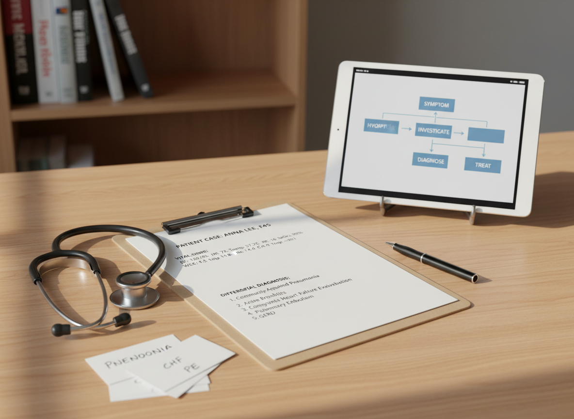 A clinical reasoning practice scene on a smooth light oak desk, where a crisp white clipboard holds a printed mock patient case with clearly legible vital signs, labs, and a structured differential diagnosis section. Beside it, a tablet displays a digital flowchart of diagnostic reasoning steps in precise blue and gray tones. A neatly coiled stethoscope, pen, and small stack of index cards labeled with key pathologies are carefully arranged nearby. Soft natural light from the right creates delicate shadows and subtle highlights on the metallic surfaces, while the background fades into a gentle blur of reference books on a shelf. Photographed at a slightly elevated angle with moderate depth of field, the image uses photographic realism and a calm, focused mood to highlight systematic clinical thinking.