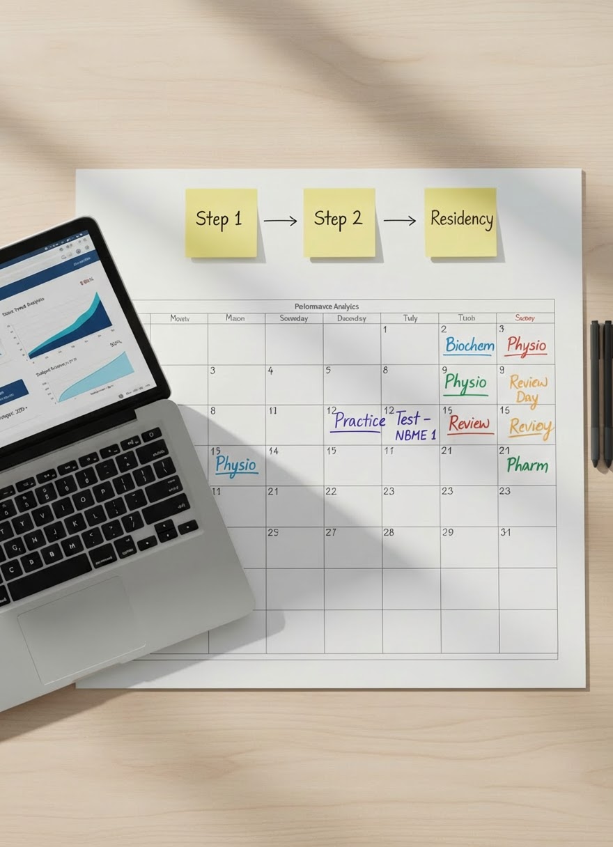 A strategic exam planning scene tailored for high-stakes USMLE preparation, showing a large, clean white desk calendar filled with neatly handwritten study blocks, practice test dates, and color-coded subject themes. A slim laptop to the side displays a detailed performance analytics dashboard with bar graphs and percentile curves in professional blues and teals. Sticky notes labeled "Step 1", "Step 2", and "Residency" are arranged in an intentional progression along the edge of the calendar. Soft, indirect daylight from an unseen window above creates a bright, motivating atmosphere with gentle shadows. Captured from a bird’s eye view with sharp focus across the frame, the photographic realism and structured composition convey organization, strategy, and forward momentum toward residency success.