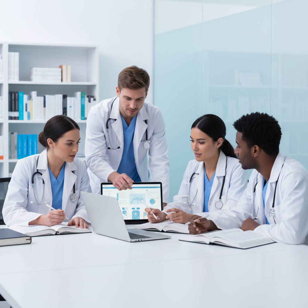 a clean, modern, professional medical-themed photo for a mentorship and consulting website for international medical graduates, lots of white space, subtle blue accents, diverse young doctors collaborating over study materials and a laptop, soft lighting, no text