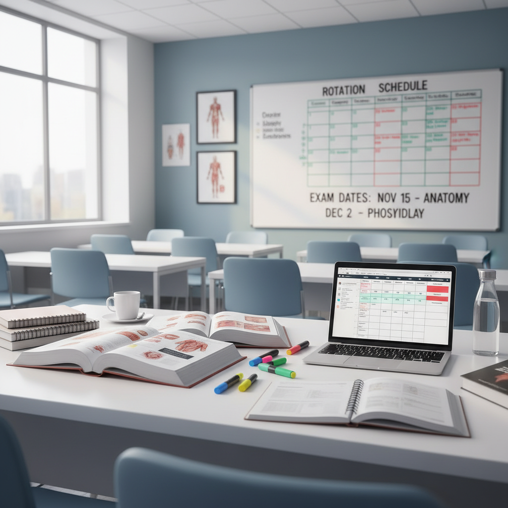 A clean, modern hospital classroom scene with a neatly organized desk covered in open medical textbooks, notebooks, highlighters, and a laptop showing a weekly study schedule. In the background, a whiteboard displays a color-coded rotation calendar and exam dates. Soft natural light, professional and academic mood, muted hospital tones (white, light blue, soft grey).