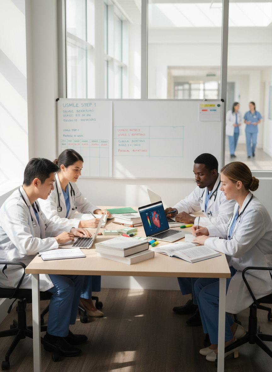 Diverse group of medical students and residents studying together in a modern hospital workroom. Open laptops, thick medical textbooks, printed clinical notes, and highlighters spread neatly across a shared table. They wear professional attire with white coats and stethoscopes visible. Background shows a bright, clean hospital corridor and glass windows with soft natural light. The mood is focused, collaborative, and aspirational, suitable for a medical mentorship and consulting website hero image.